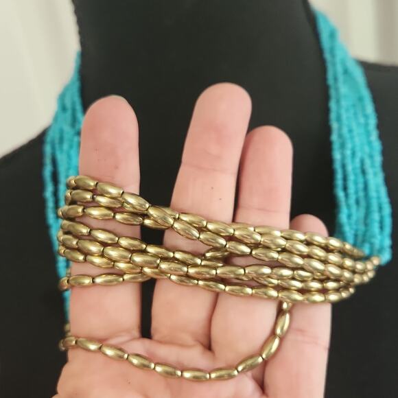 Necklace Blue & Gold Beaded Lobster Claw Clasp - Picture 2 of 7